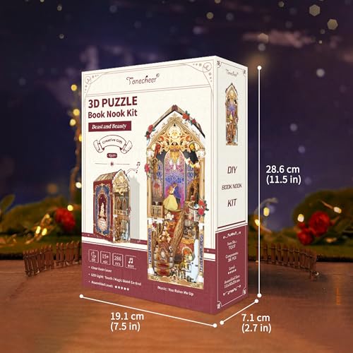 Tonecheer DIY Book Nook Kit for Adults, 3D Wooden Puzzle Music Booknook Miniature Dollhouse, Fairy Tale Bookend Bookshelf Decor with Dust Cover and LED Lights Gifts (Beast and Beauty)