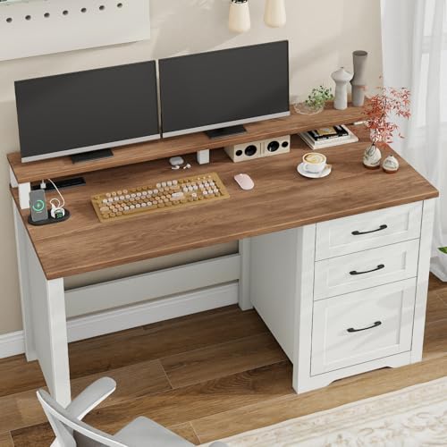 Vabches 47" Farmhouse Executive Desk with Monitor Stand & File Cabinet,3 Drawers Computer Desk with LED Lights and Power Outlets,Workstation for Home Office, Study,Writing.Unique White Vabches
