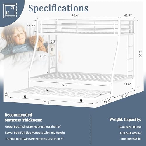 Shintenchi Twin Over Full Size Bunk Bed with Trundle, Heavy-Duty Metal Frame, 2 Ladders & Full-Length Guardrail, Space-Saving Sleep Solution for Kids/Teens/Adults, White Shintenchi