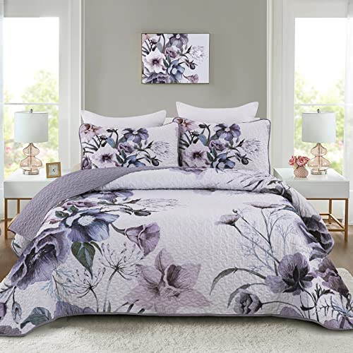 Drucon Purple Floral Quilt Set King Size 3 Pieces Purple Botanical Flower Quilt Coverlet Set Soft Microfiber Lightweight Quilted Bedspread for All Season 104"x90" Drucon