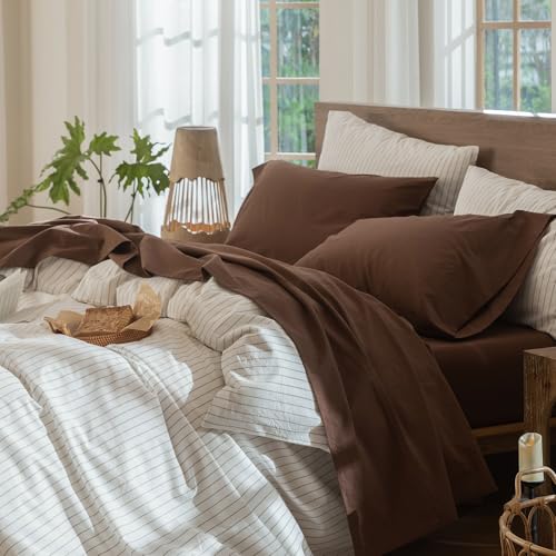 MooMee Bedding Sheet Set 100% Cotton Linen Like Textured Breathable Durable Soft Comfy (Solid Cocoa Brown, Queen) MooMee