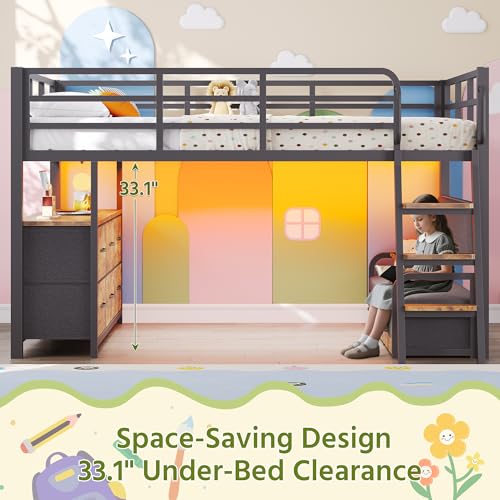 Dnxao Full Size Low Loft Bed with Desk,Full Size Bed Frame with 9 Storage Drawers, Kids Loft Bed with 15.8" H Safety Guardrail,Sofa,LED Lights & Charging Station,No Box Spring Needed,Rustic Brown Dnxao