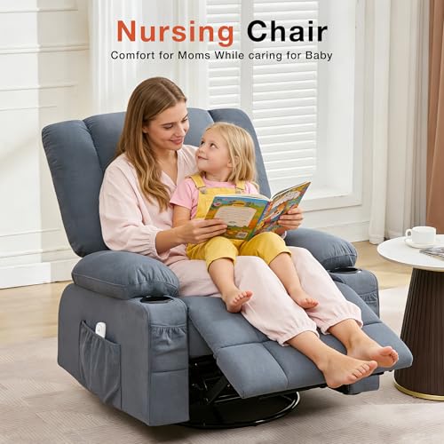 Rocker Recliner Chair with Heating and Kneading Massage for Adults,360ยฐSwivel Rocker Recliner with Cup Holder and USB Charge Port for Living Room,Bedroom, Nursery