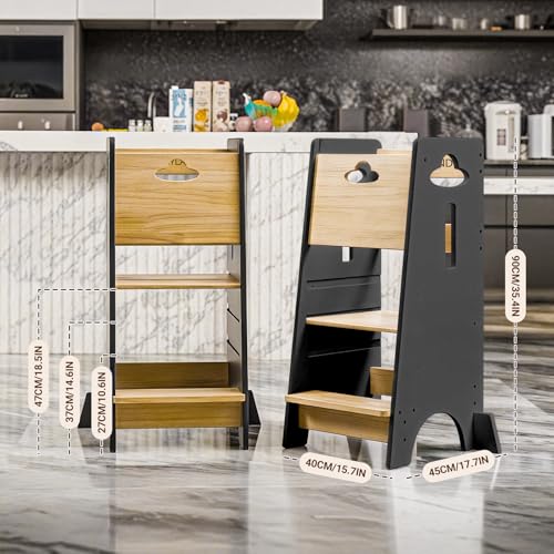 COSYLAND Toddler Standing Tower Adjustable Height - Super Stable Toddler Kitchen Stool Helper - 3 Levels Adjustable Wooden Toddler Kitchen Stool (Natural & Dark Gray) COSYLAND