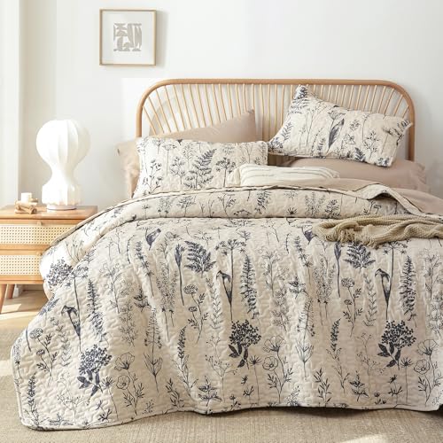 JANZAA Twin Quilt Beige Quilt Bed Spread Boho Quilt with Floral Pattern Microfiber Quilts Set 2 Pieces Lightweight Comforter Reversible Bedding Set,1Quilt 66x90 inches,1 Pillowcase JANZAA