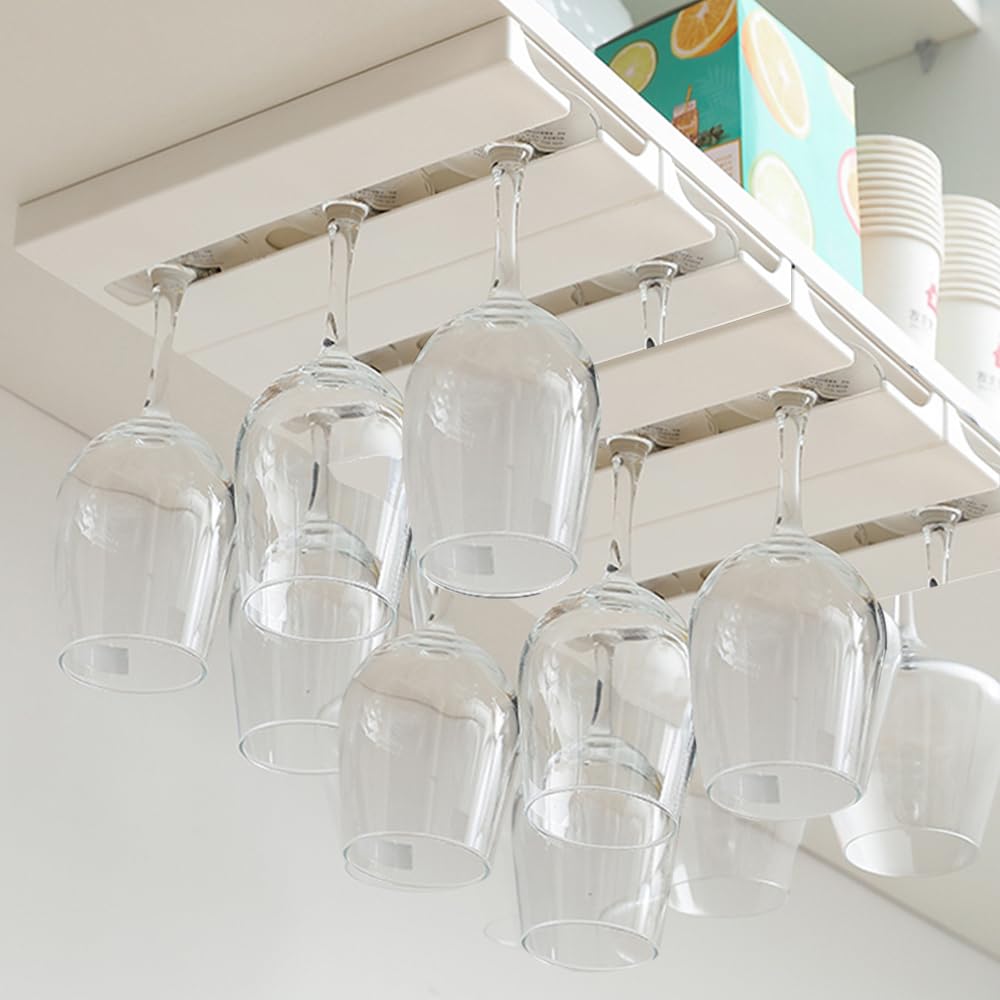 DESONAUT 4 Pcs Wine Glass Holder Under Shelf or Cabinet Punch-free,Stemware Rack Glassware Drying Storage Hanger for Kitchen,Bar and Restaurant (White) DESONAUT