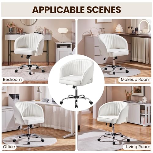 Yaheetech Home Office Chair, Faux Leather Desk Chair, Modern Swivel Chair with Tufted Barrel Back, Rolling Wheels for Office,Study, Vanity, Bedroom White Yaheetech