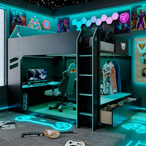 Tdewlye Unique Full Size Wood Gaming Loft Bed with Height-Adjustable Desk,Drawers,Storage Compartments,Hanging Rod and RGB Lights,for Kids Teens Adults Bedroom Use (Blue#RGB, Full) Tdewlye