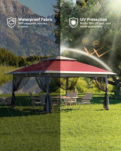 12x12FT Pop Up Gazebo, Instant Backyard Canopy Tent with Mosquito Net & Double Roof, Pop-Up Gazebo Canopies Adjustable Height for Patio, Party, Red SunnyFurn