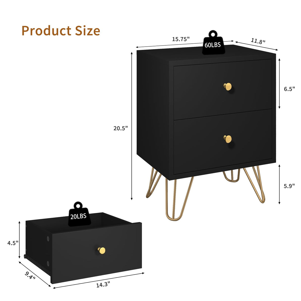Tradare 7 Drawer Dresser and Nightstand Set of 2, Modern Black and Gold Dresser Set with Golden Handles, 2-Drawer Nightstand & 7-Drawer Chest of Drawers Tradare