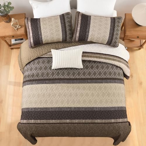 Dinjoy Queen Quilt Set Taupe, Striped Bedspread Queen Size Brown Bedding Sets 3 Pieces Micofiber Lightweight Quilts with 2 Pillow Shams Coverlet Bed Sets for Women Men 96''x90'' Dinjoy
