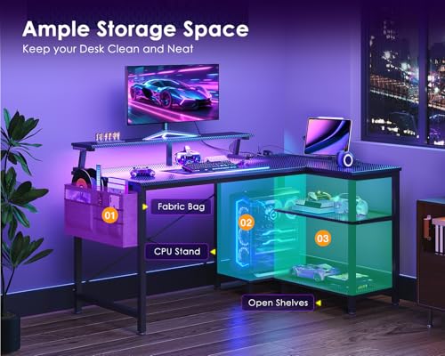 ODK 40 Inch Gaming Desk with USB Power Outlets and LED Lights, Reversible L Shaped Computer Desk with Storage Shelves & Monitor Stand, Corner Home Office Desk Table, Carbon Fiber Surface, Black ODK