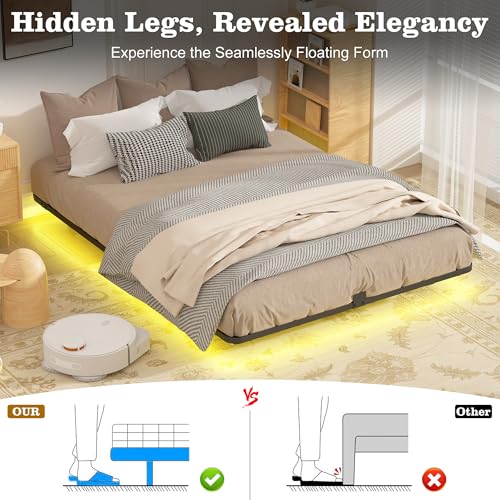 Samhapyrom Full Floating Bed Frame with LED Lights, Heavy Duty Metal Platform Bed with Anti-Slip Mattress Holder, Easy Assembly, No Box Spring Needed, Noise Free for Bedroom Samhapyrom