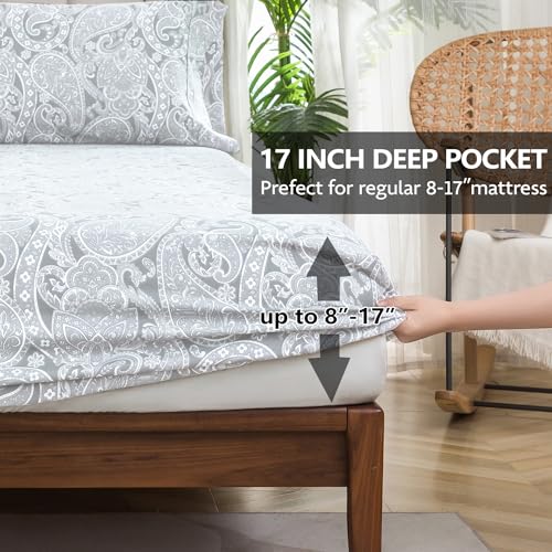 KACEMOO Bed Sheets Twin Size Light Gray Paisley Sheets Printed Floral Sheet Set Flower Pattern Deep Pocket Fitted Bed Sheet Set Microfiber Soft Breathable 1800 Thread Count Single Bedding Set KACEMOO