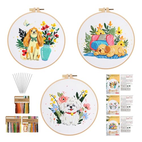 GLTAYLMY Cute Dogs Embroidery Kit for Beginners with Pattern and Instructions,3 Pack Cross Stitch Kits,1 Plastic Embroidery Hoops,Threads and Needles,Needlepoint Kit for Adults