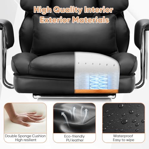 Sweetcrispy Executive Home Office Desk Chair - Ergonomic Big Tall High Back with Footrest & Lumbar Support, Reclining Height Adjustable, Comfy PU Leather Computer Gaming with Swivel Wheels, Black Sweetcrispy