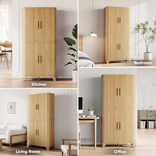 Decofy 69" Tall Kitchen Pantry Storage Cabinet with Sliding Door, Modern Curved Edge Pantry Storage Cabinet with 5 Shelves, Cupboard for The Kitchen, Dining Room, Bedroom, Living Room, Office (Oak) Decofy