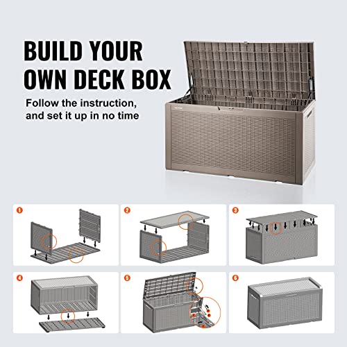 VEVOR Deck Box, 100 Gallon Outdoor Storage Box, 48.0" x 21.5" x 24.5", Waterproof PP Deckbox with Aluminum Alloy Padlock, for Patio Furniture, Pool Toys, Garden Tools, Outdoor Cushions, Gray VEVOR
