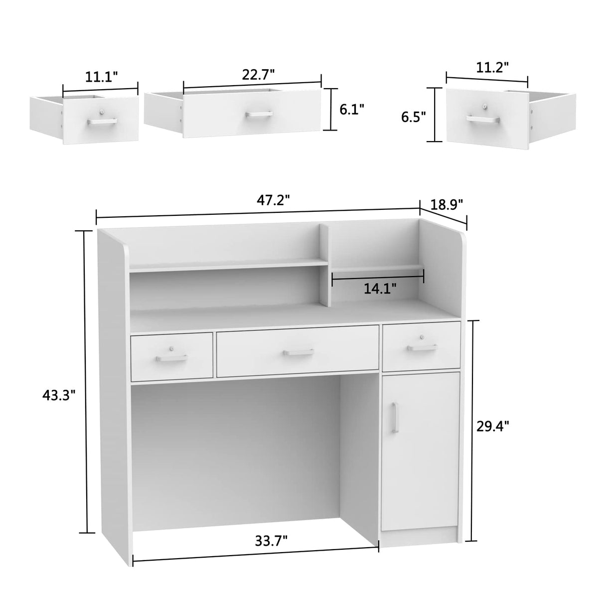 AIEGLE Reception Desk with Drawers & Storage Shelves, Table with Private Panels, for Salon Reception Room Checkout Office, White (47.3" L x 18.3" W x 43.3" H) AIEGLE