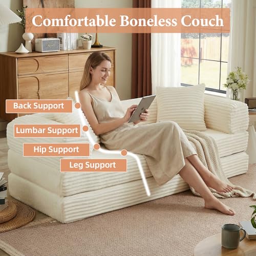 78 Inch Convertible Futon Sofa Bed,Folding Boneless Couch with Sleeper Sofa,Fold Out Floor Sofa Couch with Deep Seat,Cloud Corduroy Foldable Mattress Couches for Living Room(Off White) ZKJOLMN