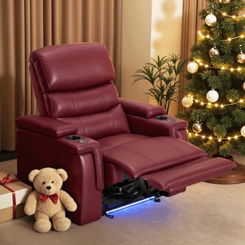 MCombo Triple Motors Power Recliner Chair with Power Headrest & Lumbar Support for Living Room, Home Theater Seating with Armrest Storage, Tray Table and Dual Charging Ports HTS708 (Red)