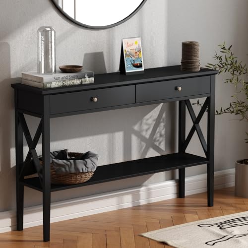 ChooChoo 47" Console Table with Drawers, Narrow Wood Accent Sofa Table Entryway Table with Storage Shelf for Entryway, Front Hall, Hallway, Living Room, Black ChooChoo