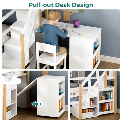 Wooden Full Over Full Bunk Bed with Trundle, Storage Stairs & Convertible Fold-Out Desk, Durable Solid Wood Frame, No Box Spring Required, Ideal for Kids, Teens & Adults (White + Natural Wood, Full) smilesun