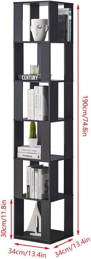 360° Rotating 6-Tier Corner Bookshelf by RVEE - Stylish Black Wooden Bookcase for Home Office and Living Room RVEE