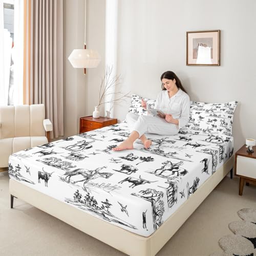 Western Sheet Set King Size Sketch Cowboy Cow and Horse Bedding Set 4Pcs Farm Animal Bed Sheet for Kids Boys Girls Adult Room Decor Black White Rustic Farmhouse Fitted + Flat Sheet,2 Pillowcase Castle Fairy