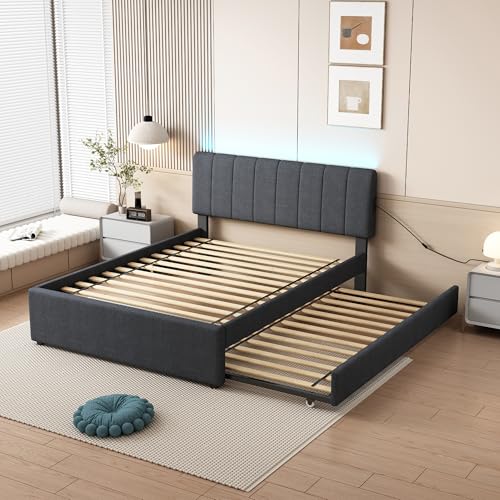 YOPTO Full Size Upholstered Platform Bed with Twin Size Trundle & USB Port,Linen Tufted Bed Frame W/Remote Control LED Light & Stripe Headboard,Wood Slats Support for Bedroom,Apartment,Dark Gray YOPTO