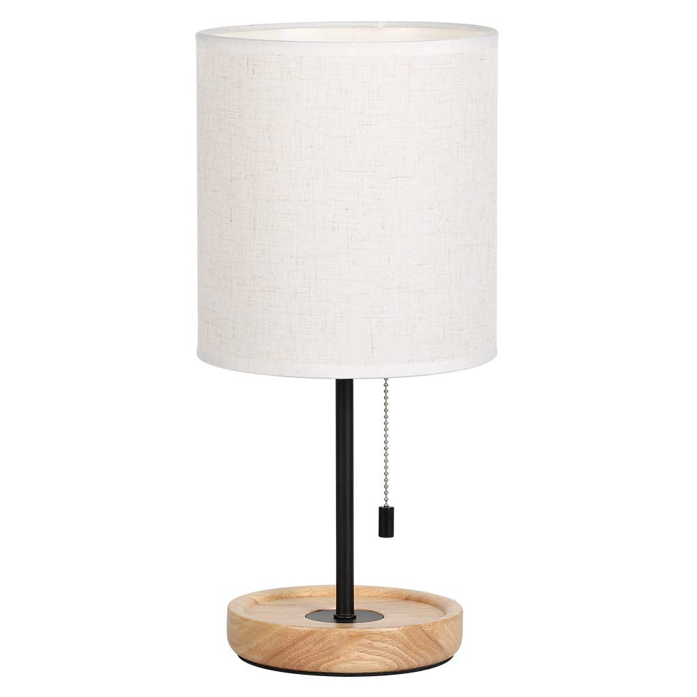 HAITRAL Bedside Table Lamp - Modern Nightstand Lamp with Linen Fabric Shade Wooden Desk Lamps for Bedrooms, Office, College Dorm, Dinning Room, Girls Room - 16 Inches (HT-AD005) HAITRAL