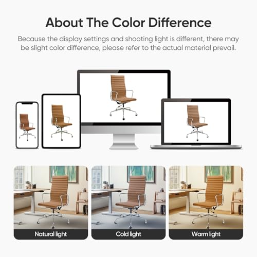 OTDMEL Ribbed Office Chair with Top Grain Leather - High Back Ergonomic Desk Chair with Aluminum Arm Rest and 5-Star Base, Swivel Chairs Light Brown OTDMEL