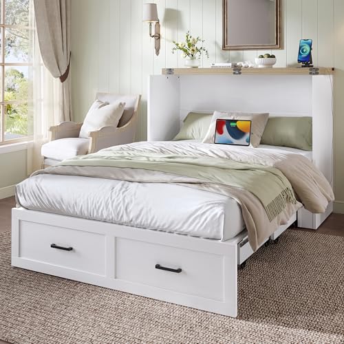 FUvellamo Full Size Murphy Bed Cabinet with Charging Station, Solid Wood Multi-Functional Foldable Platform Bed with Large Storage Drawer for Home Office or Small Room, White FUvellamo