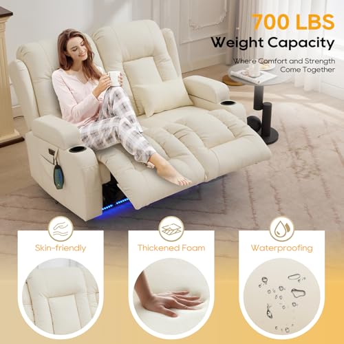 IPKIG Power Loveseat Recliner Sofa, Wall Hugger Reclining Chair with LED Lights, Side Pockets, Cup Holders, Massage & Heating, RV Recliners Couch Dual Sofa Reclinable, White