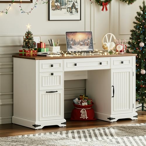 IRONCK 55'' Farmhouse Desk Home Office with Drawers, Wooden Computer Desk with Charging Station, File Drawers and Storage Cabinet, Executive Desk for Work, Study Writing, White IRONCK