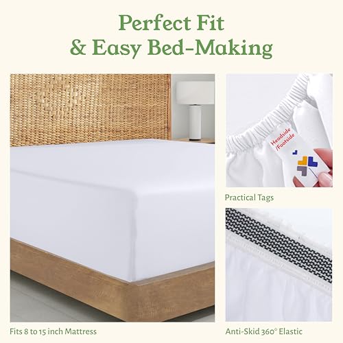 California Design Den 100% Organic Cotton Fitted Sheet Queen Size Only - Percale Queen Deep Pocket Fitted Sheet, Lightweight, Snug-Fit, Crisp, Durable - White California Design Den