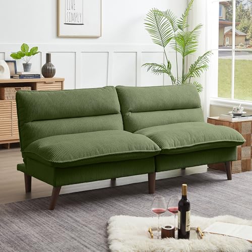 Portaforta 72" Convertible Futon Sofa Bed, Loveseat Sofa, Corduroy Folding Futon Set with Adjustable Backrest &Armrests, Recliner Lounge for Living Room, Apartment or Office, Solid Wood Frame, Green Portaforta