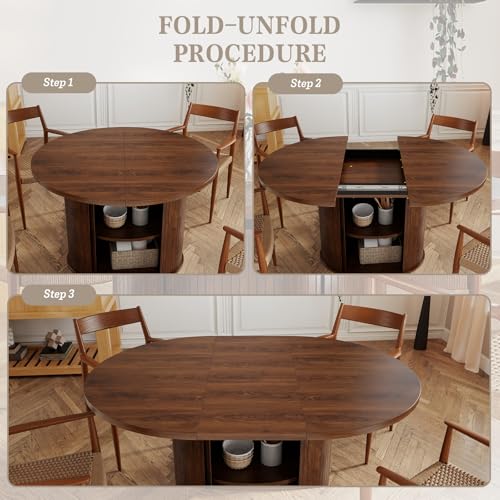 VICBARLEY Oval Extendable Dining Table with Storage,59" Storage Kitchen Table for 4-8 People with Curved Sliding Door Fluted Wood Coffee Table Thickened Tabletop for Dining Room/Kitchen,Brown VICBARLEY