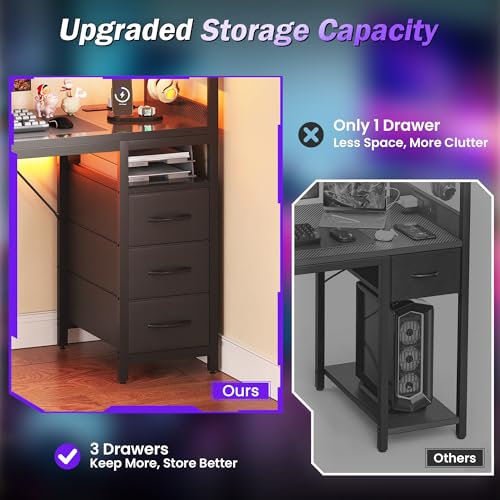 YOUDENOVA 48 Inch Gaming Computer Desk with Led Lights, Small Desk with Storage Shelves and Drawers, Reversible Compact Gamer Table for Home Office, Carbon Fiber Black YOUDENOVA