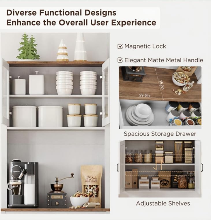 IDEALHOUSE Kitchen Pantry Cabinet with Microwave Stand, 71”Freestanding Tall Kitchen Cabinet with Doors and Shelves for Dining Room, White IDEALHOUSE