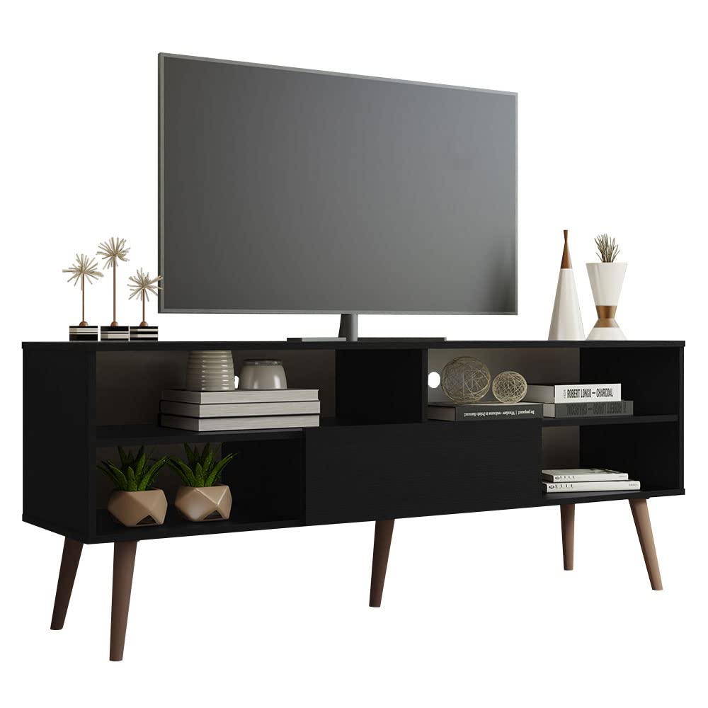 Madesa Modern TV Stand with 1 Door and 4 Shelves with Cable Management for 55, 65 Inch Media Storage Media Console Living Room and Bedroom Entertainment Center Wooden Television Cabinet - Black Madesa
