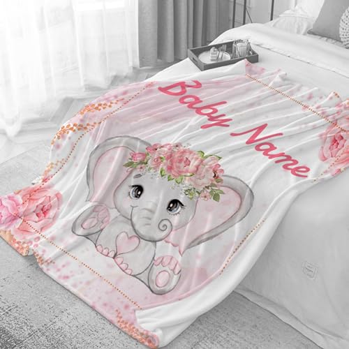 Custom Elephant Baby Blanket for Girls Women Pink Flowers Personalized Blanket with Name Soft Flannel Lightweight Throw Blankets for Bedding Practical Gifts Medium 60×50in for Teen Lokesvararaja