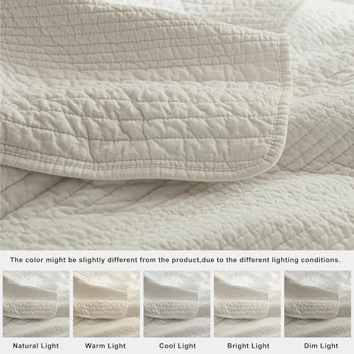 palassio Striped Beige 100% Cotton Quilt Queen Size Bedding Sets, Lightweight Crinkly Channel Pick Stitch Textured Bedspread Soft Shabby Chic Farmhouse Country Coverlet for All Season, 2 Shams palassio