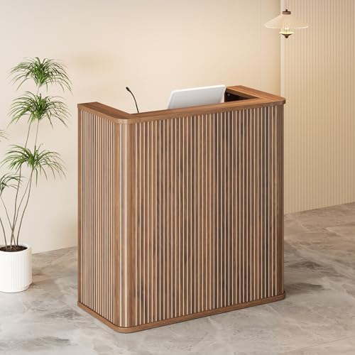42.1 Inches Reception Desk,Fluted Round Corner Modern Reception Table,Front Counter Table,for Salons, Offices Lobbies Retail Stores and Home Offices (Walnut)