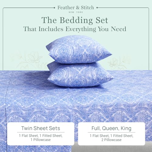 Feather & Stitch Softest 100% Cotton Sheets, 300 Thread Count Percale Weave Bedding, 16" Deep Pocket, Cooling Sheets, Breathable Bed Set, Hotel Premium Quality (King Blue Paisley)