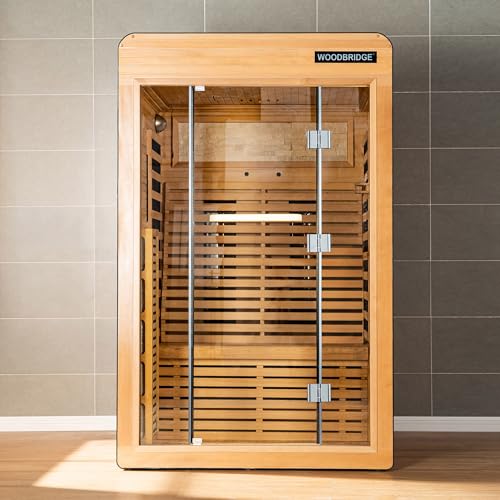 Woodbridge Infrared Home Sauna Room 2 Person Hemlock Wooden Indoor Sauna,7 Carbon 2230W/120V Heaters,with Led Color Therapy Light,Bluetooth Speaker,Tempered Glass,Touch-Tone Keypad and A Top Vent WOODBRIDGE