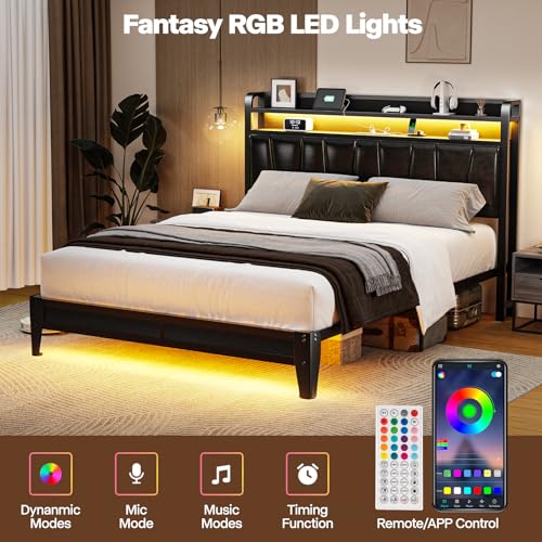 Siihnon Queen Size Bed Frame with 2-Tier Storage Shelves, LED Bed Frame with PU Leather Headboard, Metal Platform Bed with Charging Station, Noise Free, No Box Spring Needed, Easy Assembly, Black Siihnon