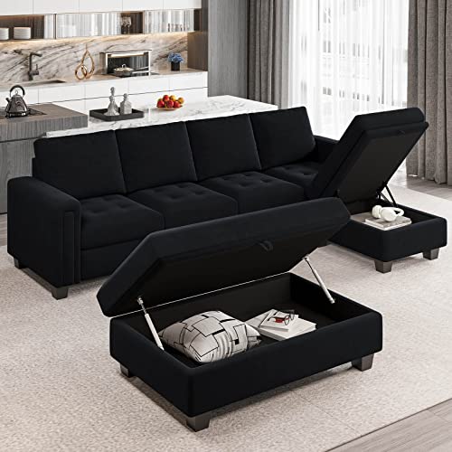 Belffin Velvet Convertible 4-Seat Sectional Sofa with Reversible Chaise L Shaped Sofa Couch Furniture Sets Sectional Couch with Storage Ottoman Black Belffin