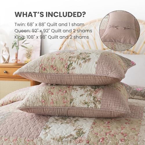 SLPR Secret Garden Patchwork Cotton Pieced Quilt Set - King with 2 Shams, Country Shabby Chic Bedding with Flower Pattern, Pink Floral Farmhouse Quilted Bedspread for All Seasons SLPR