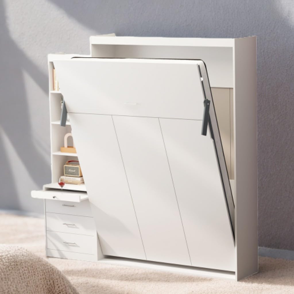 FAVSH Full Size Murphy Bed Cabinet with Shelf and Drawers, Plywood Hidden Beds,Wall Bedframe for Bedroom,Space-Saving, Noise Free, White FAVSH